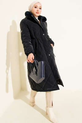 Kapüşonlu Fermuarlı Kapitone Şişme Mont Lacivert - Mont