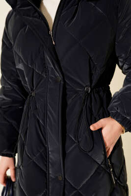 Kapüşonlu Fermuarlı Kapitone Şişme Mont Lacivert - Mont