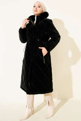 Kapüşonlu Fermuarlı Kapitone Şişme Mont Siyah - Mont
