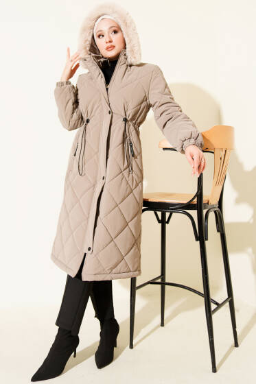 Kapüşonlu Fermuarlı Kapitone Şişme Mont Vizon - Mont