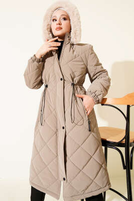 Kapüşonlu Fermuarlı Kapitone Şişme Mont Vizon - Mont