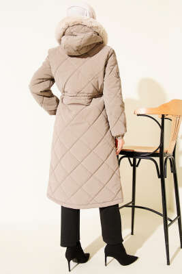 Kapüşonlu Fermuarlı Kapitone Şişme Mont Vizon - Mont