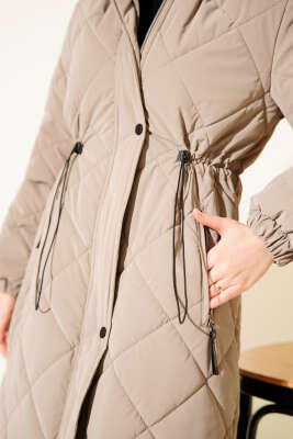 Kapüşonlu Fermuarlı Kapitone Şişme Mont Vizon - Mont