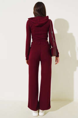 Kapüşonlu Fermuarlı Kısa Hırka Takım Bordo - Kadın Giyim Modelleri