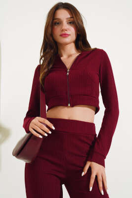 Kapüşonlu Fermuarlı Kısa Hırka Takım Bordo - Kadın Giyim Modelleri