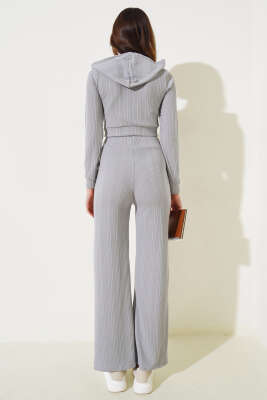 Kapüşonlu Fermuarlı Kısa Hırka Takım Gri - Kadın Giyim Modelleri