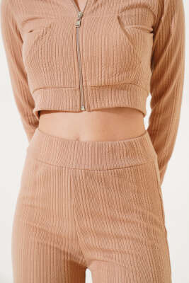 Kapüşonlu Fermuarlı Kısa Hırka Takım Latte - Kadın Giyim Modelleri