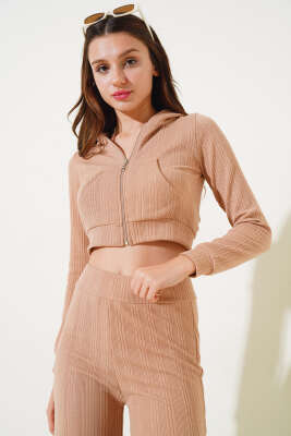 Kapüşonlu Fermuarlı Kısa Hırka Takım Latte - Kadın Giyim Modelleri