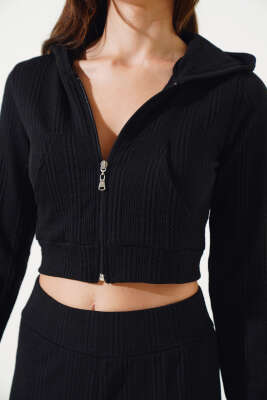 Kapüşonlu Fermuarlı Kısa Hırka Takım Siyah - Kadın Giyim Modelleri