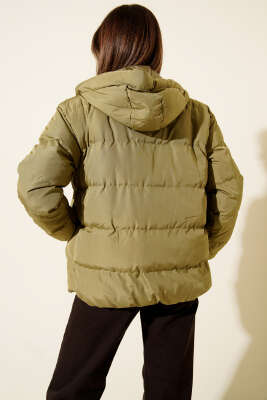 Kapüşonlu Fermuarlı Kısa Şişme Mont Çağla Yeşili - Kadın Giyim Modelleri