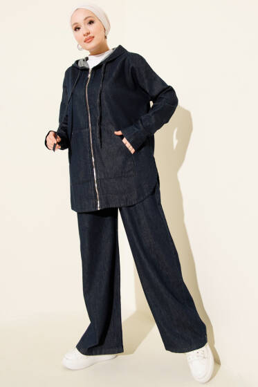 Kapüşonlu Fermuarlı Kot İkili Takım Kot - İkili Takım
