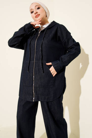 Kapüşonlu Fermuarlı Kot İkili Takım Kot - İkili Takım