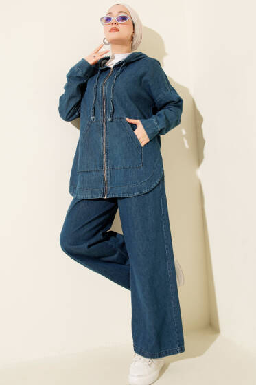 Kapüşonlu Fermuarlı Kot İkili Takım Kot Mavisi - İkili Takım