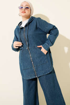 Kapüşonlu Fermuarlı Kot İkili Takım Kot Mavisi - İkili Takım