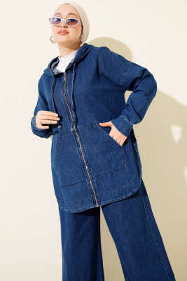 Kapüşonlu Fermuarlı Kot İkili Takım Kot Mavisi - İkili Takım