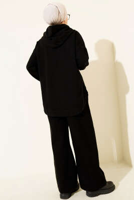 Kapüşonlu Fermuarlı Kot İkili Takım Siyah - İkili Takım