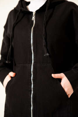 Kapüşonlu Fermuarlı Kot İkili Takım Siyah - İkili Takım