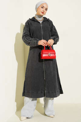 Kapüşonlu Fermuarlı Kot Kap Füme - Dış Giyim&Mont