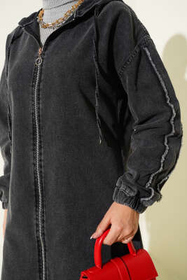 Kapüşonlu Fermuarlı Kot Kap Füme - Dış Giyim&Mont