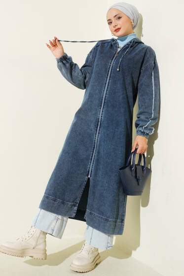 Kapüşonlu Fermuarlı Kot Kap Koyu Mavi - Dış Giyim&Mont