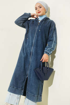 Kapüşonlu Fermuarlı Kot Kap Koyu Mavi - Dış Giyim&Mont