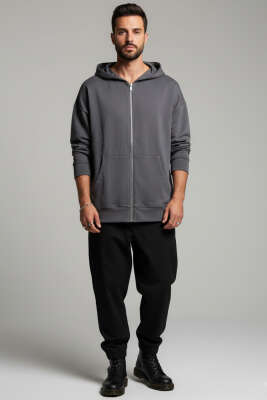 Kapüşonlu Fermuarlı Oversize Erkek Sweatshirt Antrasit - Erkek Sweatshirt
