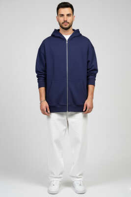 Kapüşonlu Fermuarlı Oversize Erkek Sweatshirt Lacivert - Erkek Sweatshirt