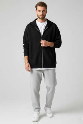Kapüşonlu Fermuarlı Oversize Erkek Sweatshirt Siyah - Erkek Sweatshirt