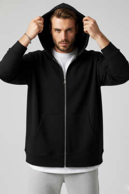 Kapüşonlu Fermuarlı Oversize Erkek Sweatshirt Siyah - EKSİ BİR