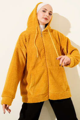 Kapüşonlu Fermuarlı Peluş Mont Hardal - Yılın Fırsatı