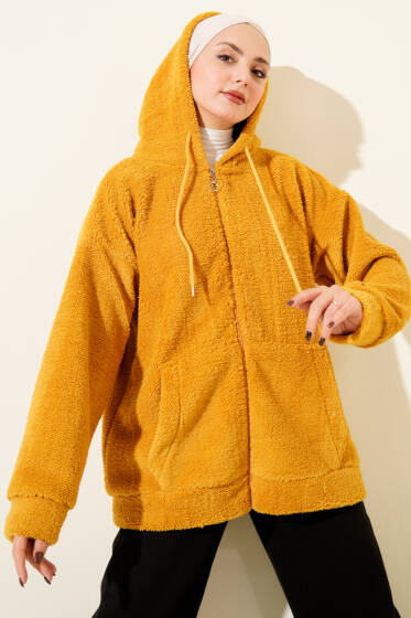 Kapüşonlu Fermuarlı Peluş Mont Hardal - Yılın Fırsatı