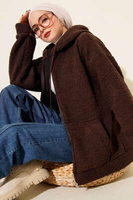 Kapüşonlu Fermuarlı Peluş Mont Kahve