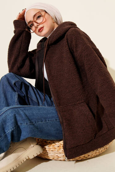 Kapüşonlu Fermuarlı Peluş Mont Kahve - Yılın Fırsatı