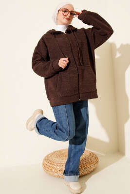 Kapüşonlu Fermuarlı Peluş Mont Kahve - Yılın Fırsatı