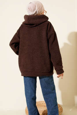 Kapüşonlu Fermuarlı Peluş Mont Kahve - Yılın Fırsatı