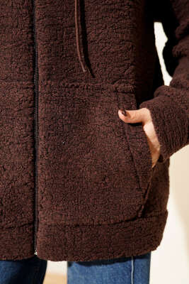 Kapüşonlu Fermuarlı Peluş Mont Kahve - Yılın Fırsatı