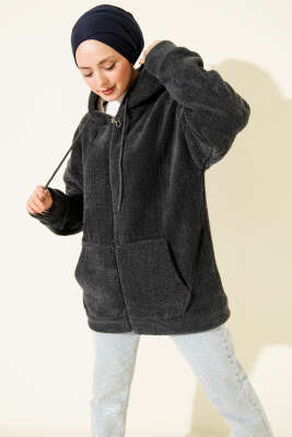 Kapüşonlu Fermuarlı Peluş Mont Kayrak Grisi 