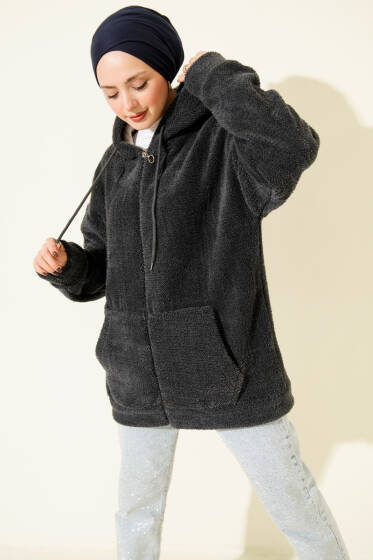 Kapüşonlu Fermuarlı Peluş Mont Kayrak Grisi - Yılın Fırsatı