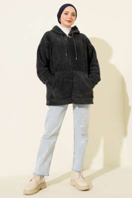 Kapüşonlu Fermuarlı Peluş Mont Kayrak Grisi - Yılın Fırsatı