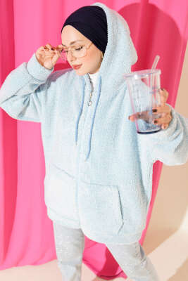 Kapüşonlu Fermuarlı Peluş Mont Mavi 