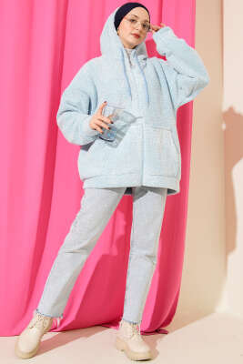 Kapüşonlu Fermuarlı Peluş Mont Mavi - Yılın Fırsatı