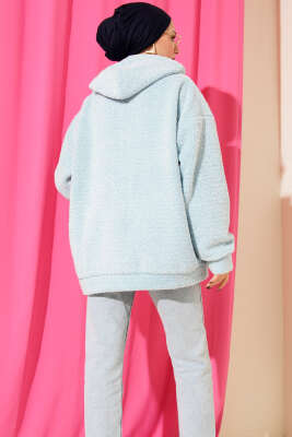 Kapüşonlu Fermuarlı Peluş Mont Mavi - Yılın Fırsatı