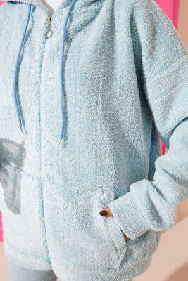 Kapüşonlu Fermuarlı Peluş Mont Mavi - Yılın Fırsatı