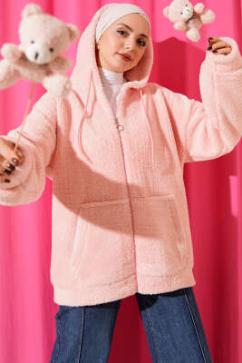 Kapüşonlu Fermuarlı Peluş Mont Pembe