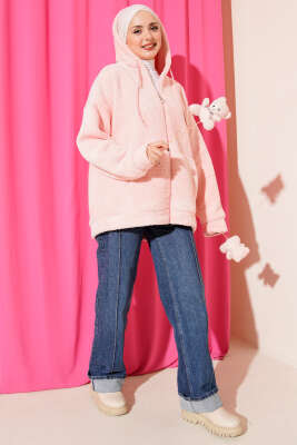 Kapüşonlu Fermuarlı Peluş Mont Pembe - Yılın Fırsatı