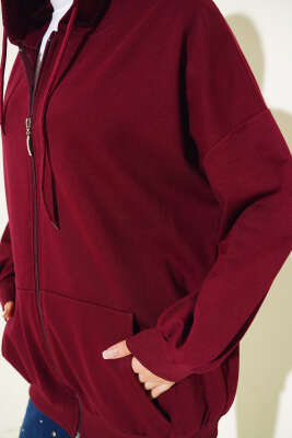 Kapüşonlu Fermuarlı Salaş Hırka Bordo - 100-300 TL Ürünler