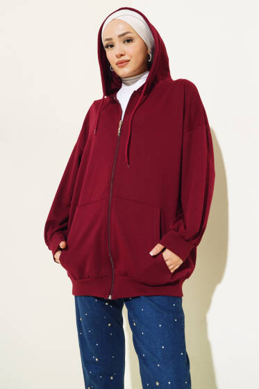Kapüşonlu Fermuarlı Salaş Hırka Bordo - 100-300 TL Ürünler