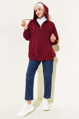 Kapüşonlu Fermuarlı Salaş Hırka Bordo - 100-300 TL Ürünler