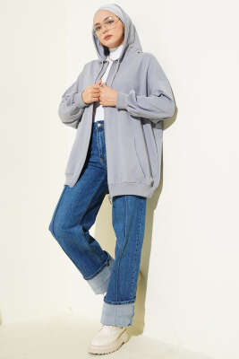 Kapüşonlu Fermuarlı Salaş Hırka Kayrak Grisi - Hırka