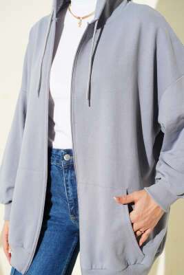 Kapüşonlu Fermuarlı Salaş Hırka Kayrak Grisi - Hırka